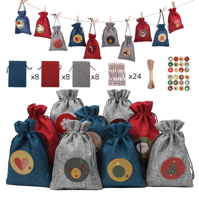Christmas Linen Gift Bags 24 Sets with Countdown Number Pockets | Christmas Decorations
