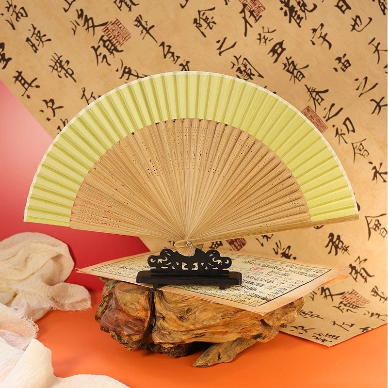 Ancient Style Summer Folding Fan Gradient Yellow Bamboo Silk Cloth Chinese Fan for Men and Women|Accessories & Jewelry