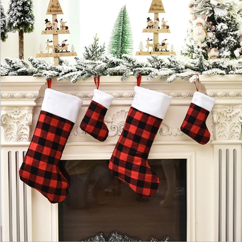 Christmas Red and Black Plaid Plush Stockings Hanging Gift Bags Candy Holders|Christmas Decorations