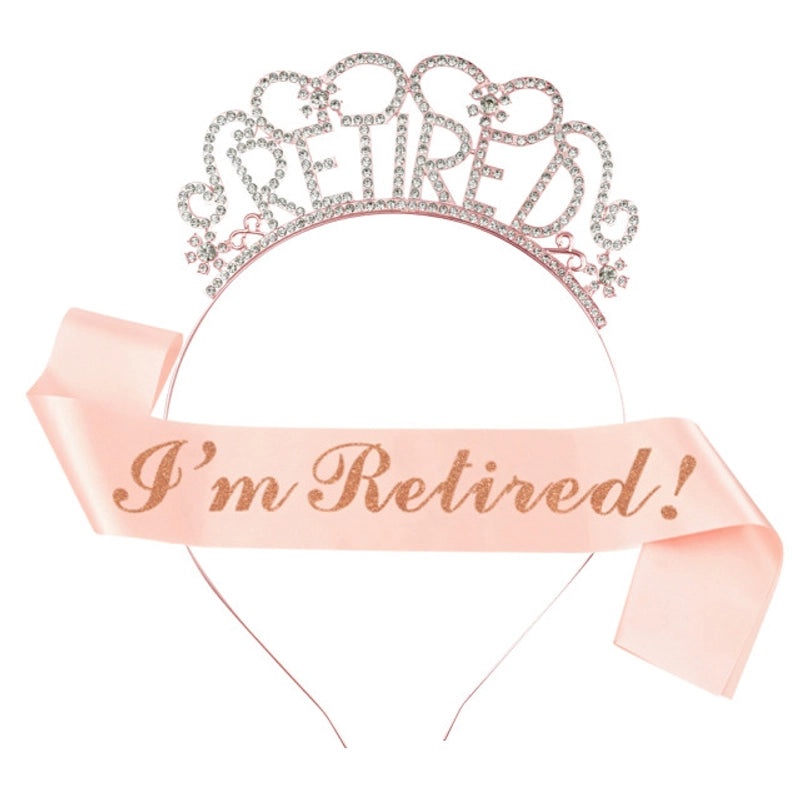 Retirement Party Hair Band and Shoulder Strap Set Pink I'm Retired Etiquette Belt with Retirement Crown|Party Accessories