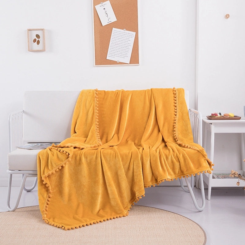 Solid Color Flannel Blanket with Tassel Balls | Home & Living Blankets