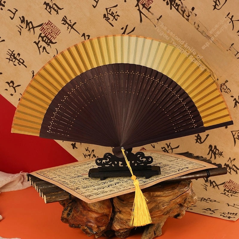 Ancient Style Summer Folding Fan Gradient Yellow Bamboo Silk Cloth Chinese Fan for Men and Women|Accessories & Jewelry