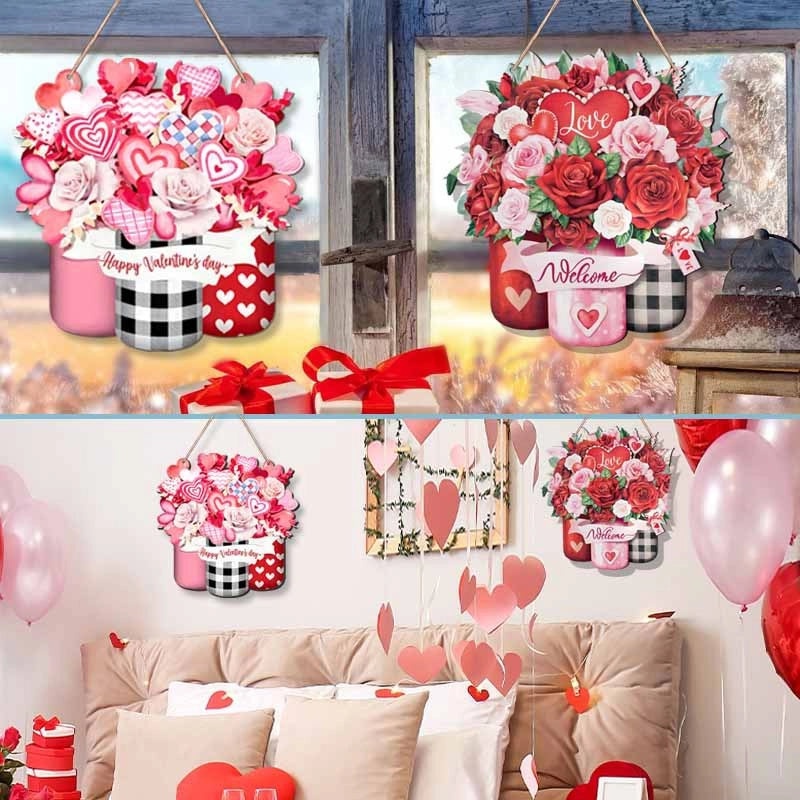 Romantic Heart-Shaped Rose Wood Hanging Ornament for Valentine's Day Decoration|Home Decor & Ornaments