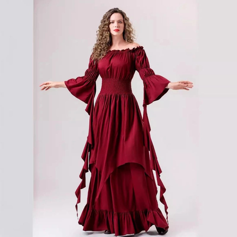 Halloween Medieval Renaissance Dress with Square Collar and Cinched Waist | Women's Vintage Costume & Stage Wear