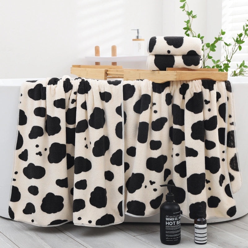 Soft Coral Fleece Bath Towel Set for Couples High Density Cow Pattern Household Essentials|Home & Living Towels