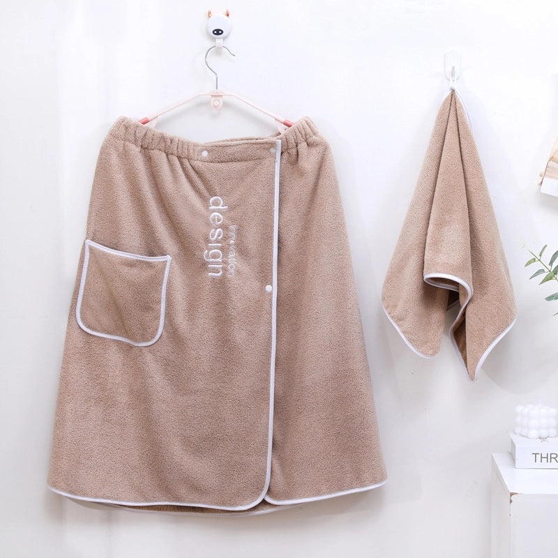 Men's Coral Fleece Bath Skirt Quick-Dry Thick Absorbent Wearable Bath Towel with Embroidery | Bath & Body Accessories