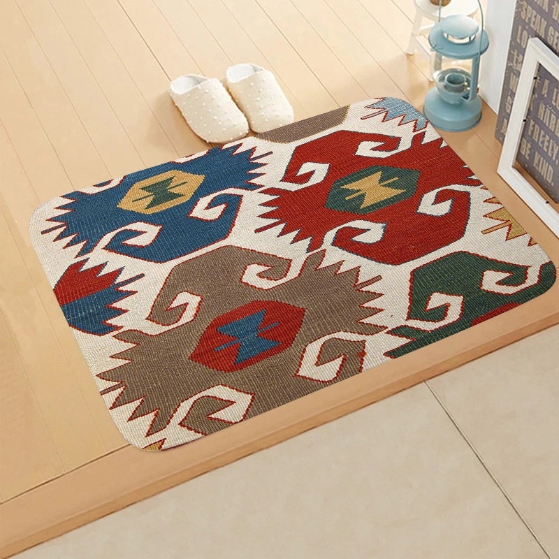 Turkish Persian Geometric Pattern Flannel Mat for Entrance and Toilet|Home Decor Rugs & Mats
