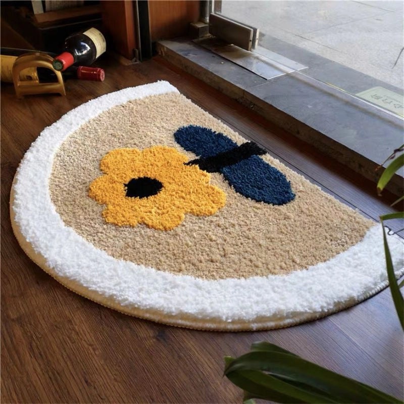 Floral Non-slip Semicircle Bathroom Floor Mat Absorbent Stain-resistant Cashmere Carpet|Home & Living
