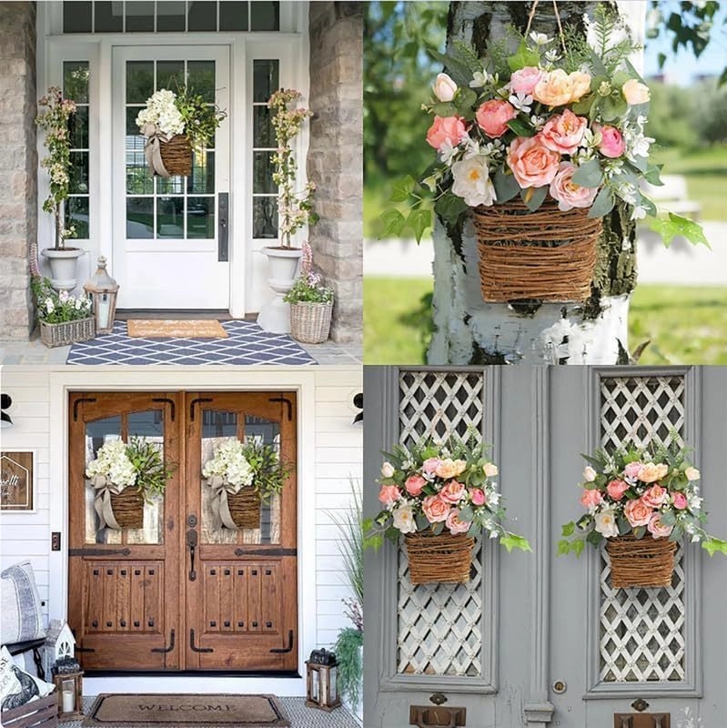 Hydrangea Flower Basket Garland Rattan Door Hanging Artificial Floral Decoration|Home & Garden Decorations