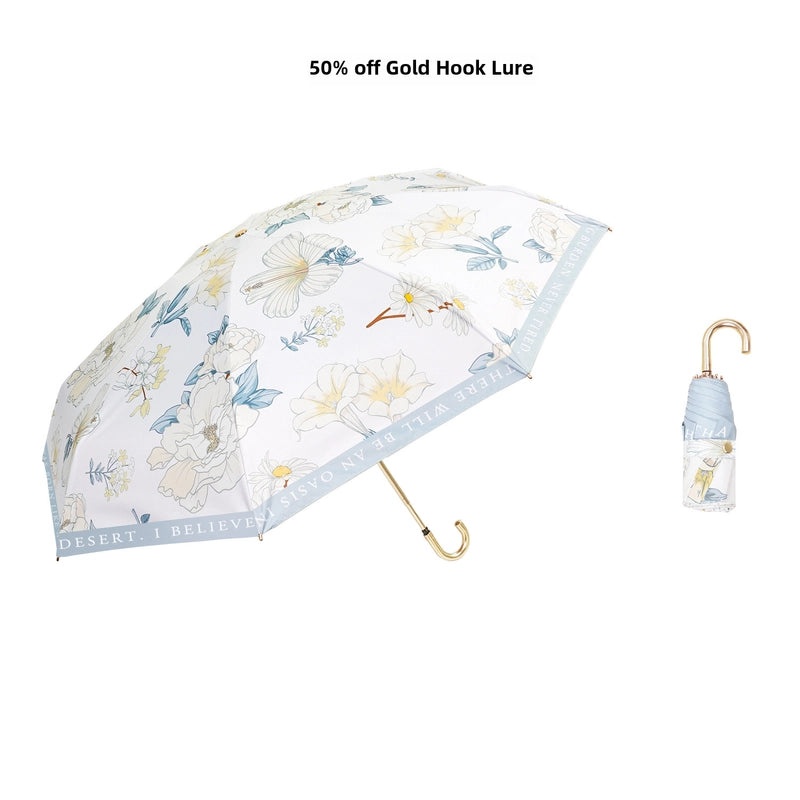 Ultra-Light Small Gold Hook Foldable Sun Umbrella 50% UV and Rain Protection Compact Women’s Parasol|Sun Umbrellas & Parasols