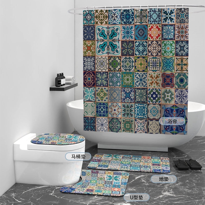 Digital Printed Geometric Round Waterproof Polyester Bathroom Shower Curtain Set of 4 | Home & Bathroom Accessories