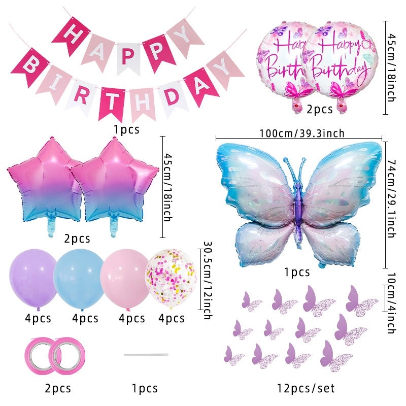 Sweet Birthday Balloons with Star and Butterfly Letters in Aluminum Foil | Party Decorations