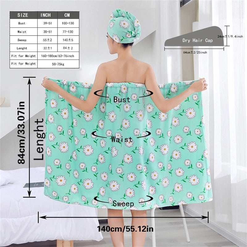 Cute Daisy Print Shower Cap Soft Polyester Cotton Bathrobe and Towels Set|Bath & Body Accessories