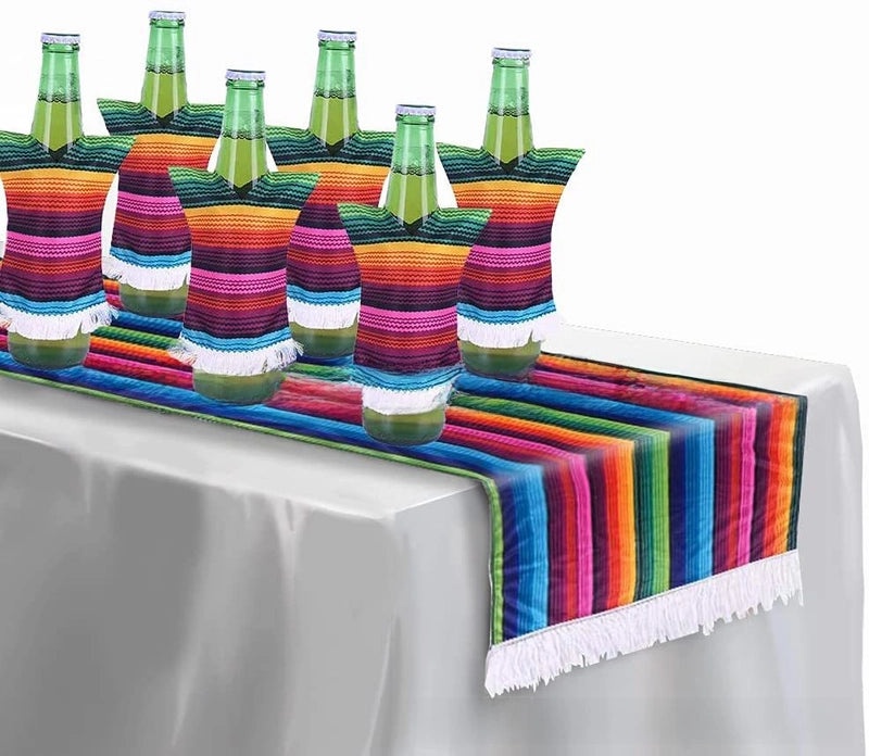 Mexican Rainbow Striped Tablecloth and Wine Bottle Cover for Party Decoration|Party Supplies