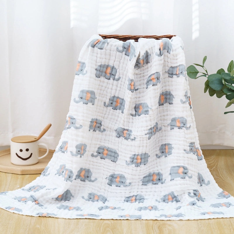 Children's Six-Layer Cotton Gauze Quilt Cartoon Printed Baby Bath Towel Soft Pleated Cover Blanket | Baby Bedding & Bath Essentials