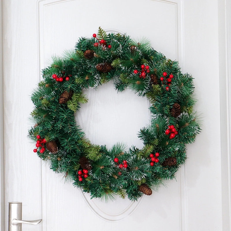 Festive Pine Needle Wreath with Red Berries and Green PVC Foliage | Christmas Decorations
