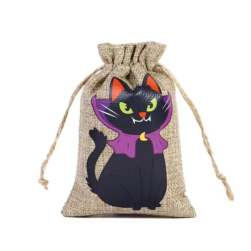 Halloween Cat Print Linen Tote Bag | Daily Shopping Bags
