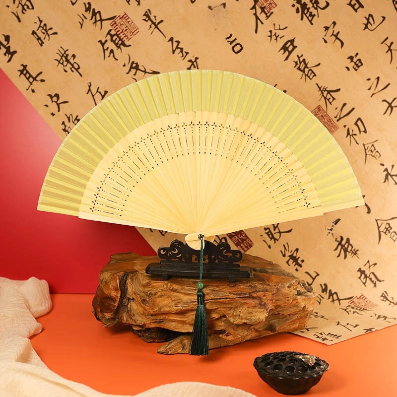 Ancient Style Summer Folding Fan Gradient Yellow Bamboo Silk Cloth Chinese Fan for Men and Women|Accessories & Jewelry
