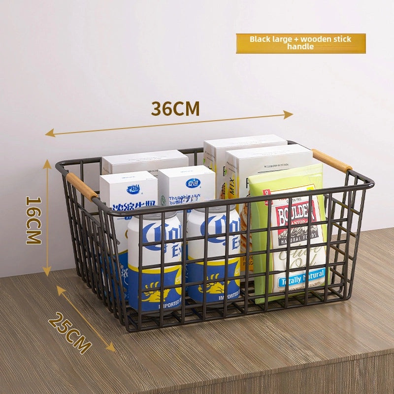 Wrought Iron Storage Basket with Wooden Handle Nordic Desktop Snack Organizer|Home Storage & Organization