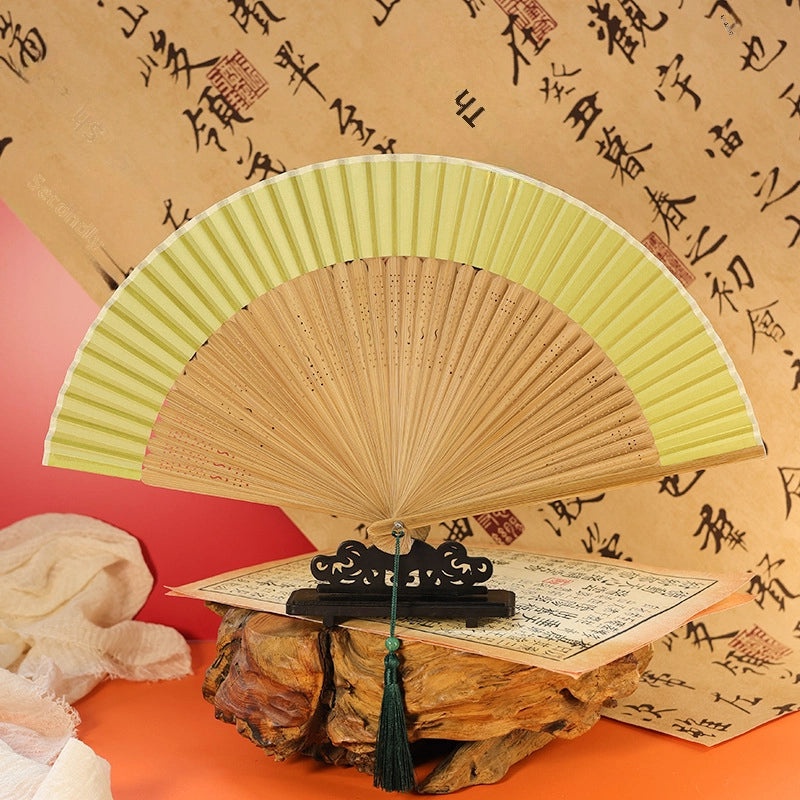 Ancient Style Summer Folding Fan Gradient Yellow Bamboo Silk Cloth Chinese Fan for Men and Women|Accessories & Jewelry