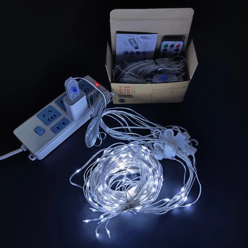 USB LED Copper Wire String Lights with Leather Cord 3x3 Curtain Lamp Remote Control Hook | Home & Garden Lighting