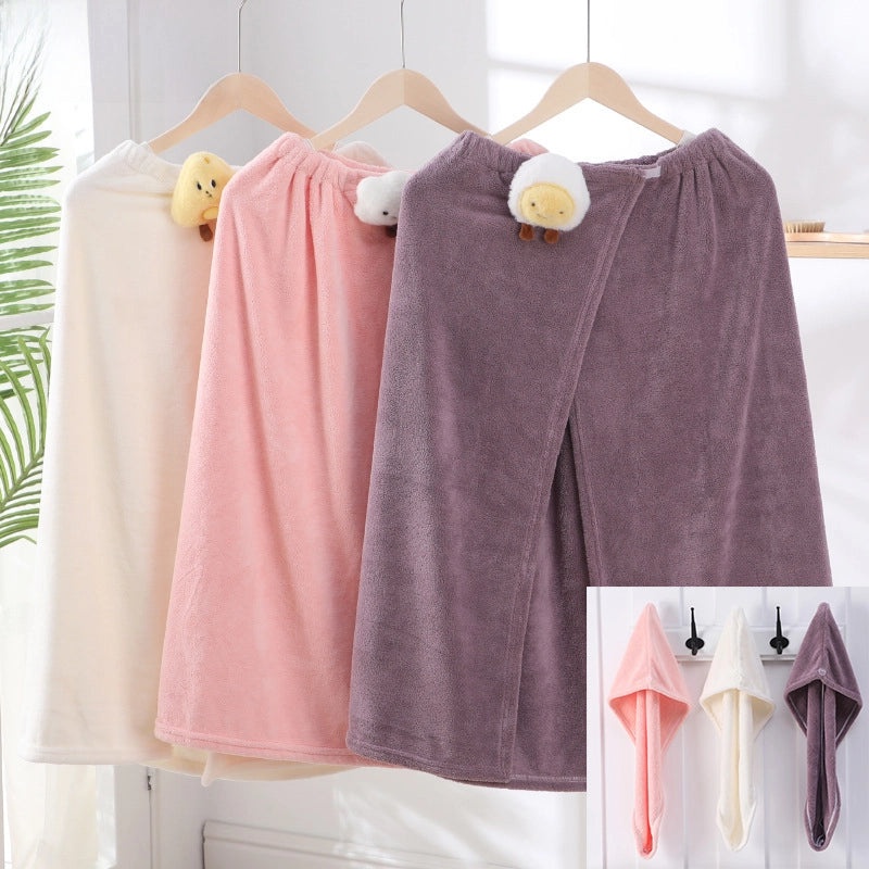 Cartoon Doll Coral Fleece Bathrobe and Dry Hair Hat Two-Piece Set for Women | Bath & Spa Accessories