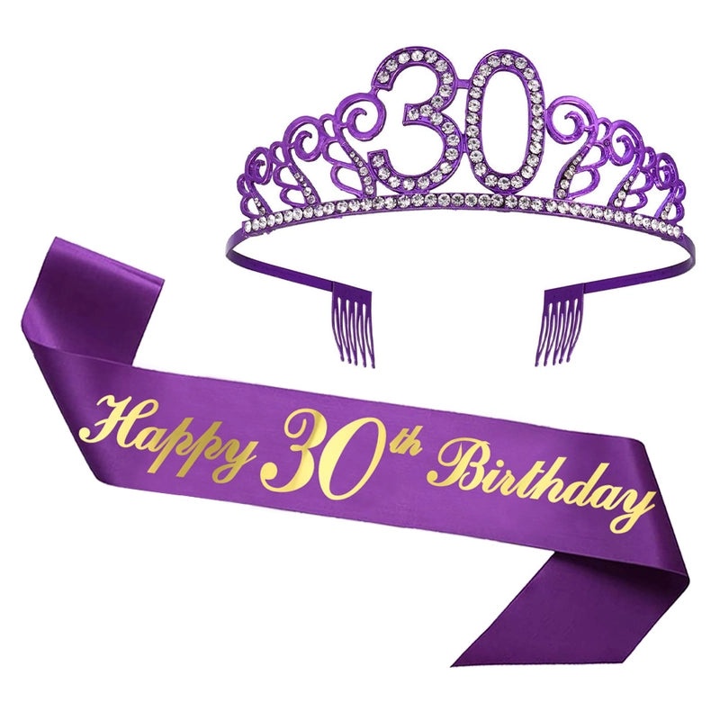 Birthday Rhinestone Crown Headband Purple Alloy Shoulder Strap Set|Jewelry & Accessories