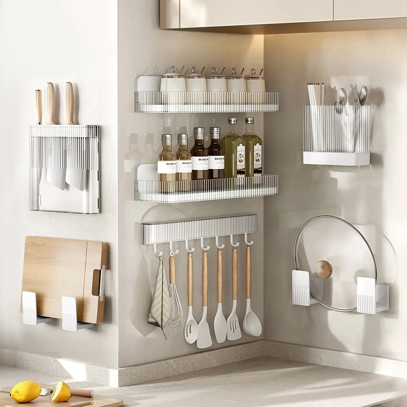 Wo Dou Kitchen Wall Mount Rack Set with Knife Holder, Chopsticks Cage, Pot Cover Storage Box | Kitchen Storage & Organization