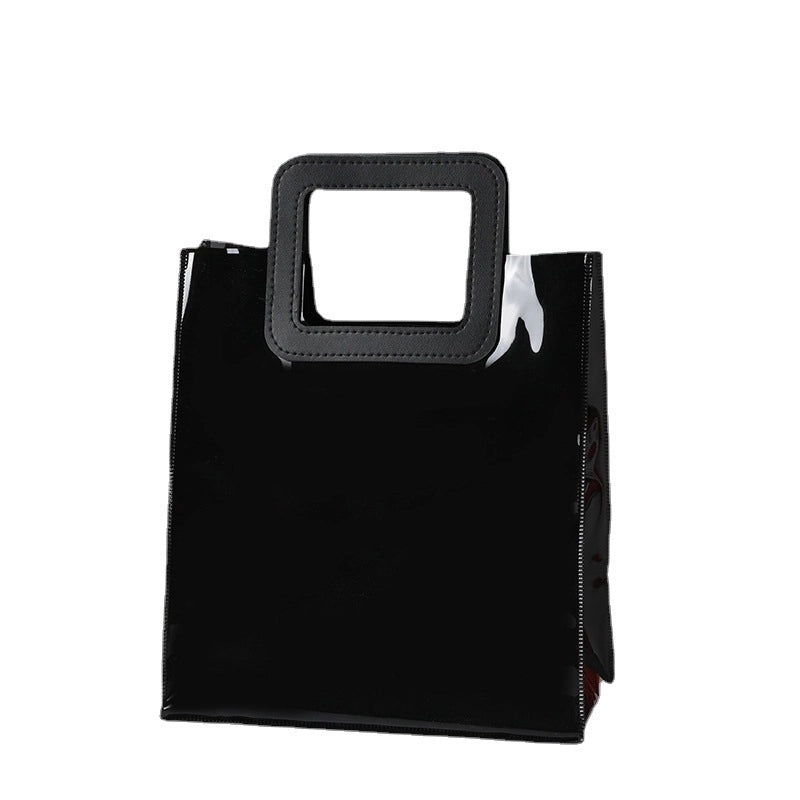 Trendy Black PVC Jelly Handbag Simple Square Tote Plastic Shopping and Storage Bag|Handbags & Totes