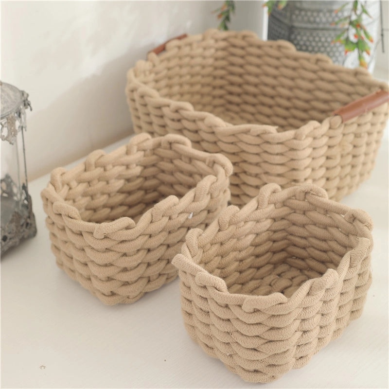 Cotton Rope Woven Storage Basket with Handle for Cosmetics and Desktop Organization | Home Storage & Organization