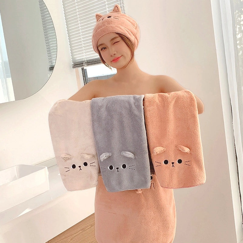 Cute Coral Velvet Cartoon Cat Hair Drying Towel Soft Absorbent Face Towel for Couples | Bath & Beauty Accessories