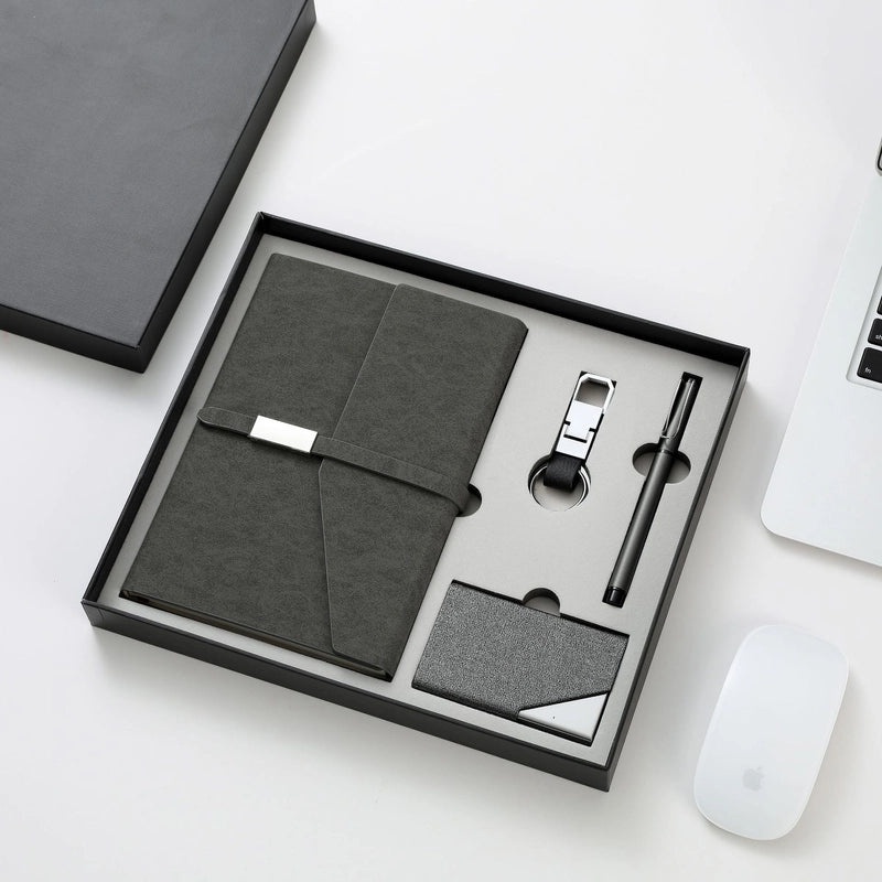 Business Notebook and Name Card Clip Keychain Set with Logo Printed Buckle Notepad Four-piece Office Gift Box | Office Stationery