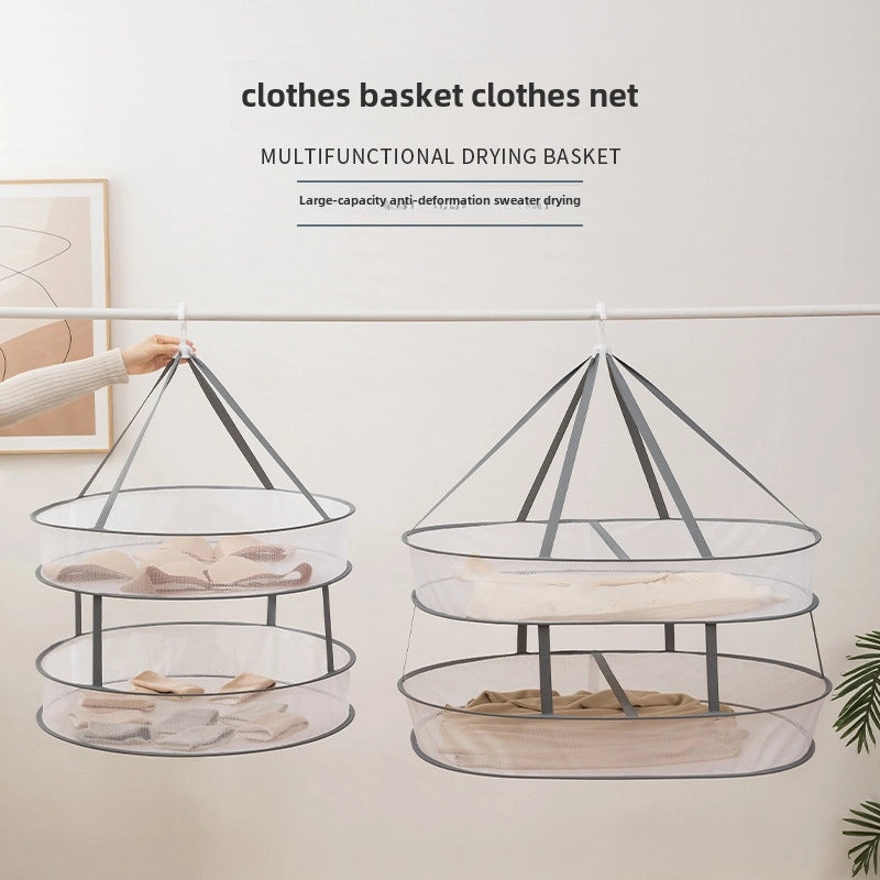 Windproof Foldable Clothes Basket with Three-Layer Sweater and Tile Drying Net | Home Storage & Organization
