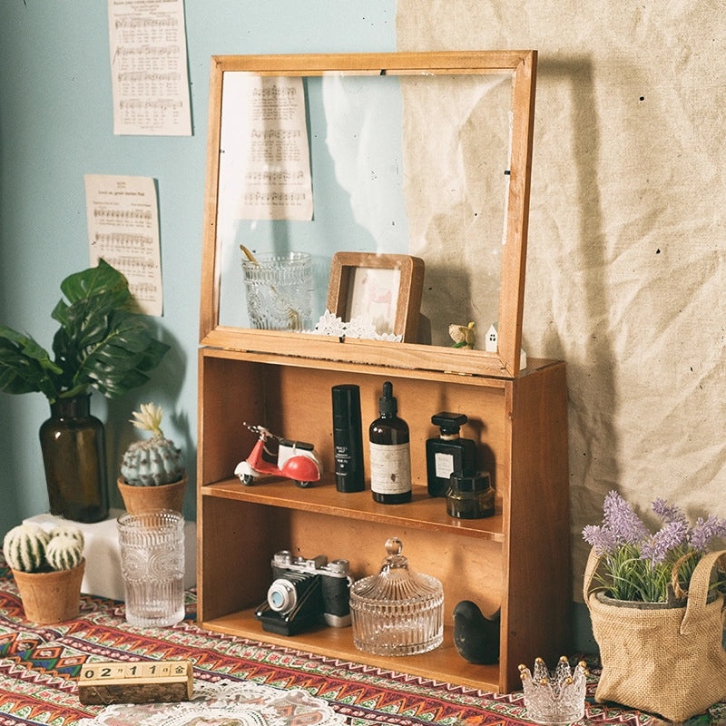Handmade Vintage Wooden Flip Dustproof Storage Cabinet for Home Study Cosmetic Organizer Toy Display Rack|Home Storage & Organization