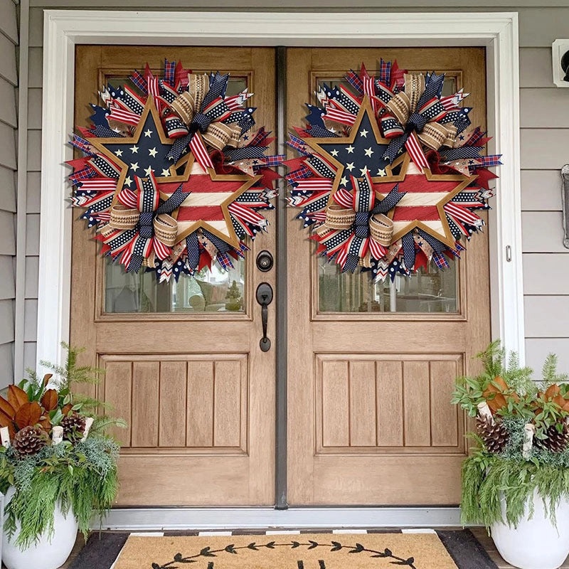 Patriotic Flower and Grass Garland with Stars and Flags | Home Decor & Festive Decorations