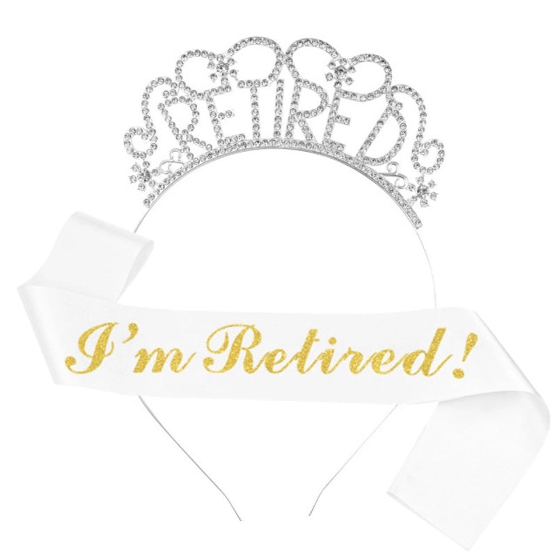 Retirement Party Hair Band and Shoulder Strap Set Pink I'm Retired Etiquette Belt with Retirement Crown|Party Accessories