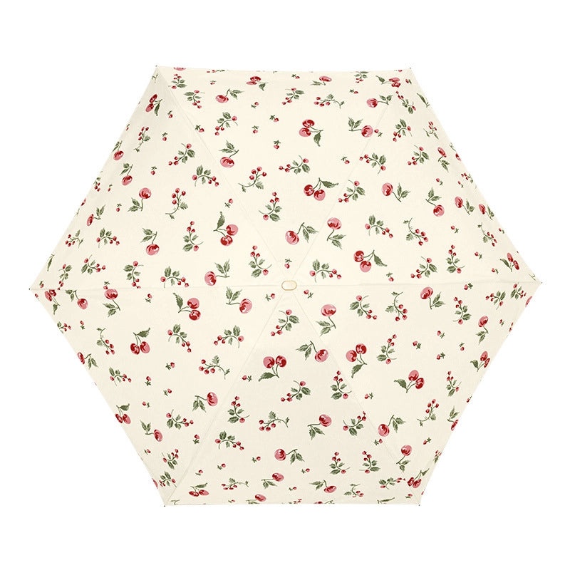 Vintage Cherry Print Folding Umbrella 60% UV Protection Dual-use Sun and Rain Shield|Sun Protection Umbrellas