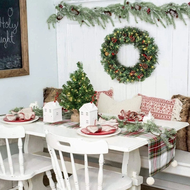 PVC Pine Needle Christmas Garland with LED Pine Cones and Red Rattan Lights|Christmas Decorations