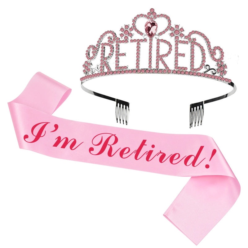 Retirement Party Hair Band and Shoulder Strap Set Pink I'm Retired Etiquette Belt with Retirement Crown|Party Accessories