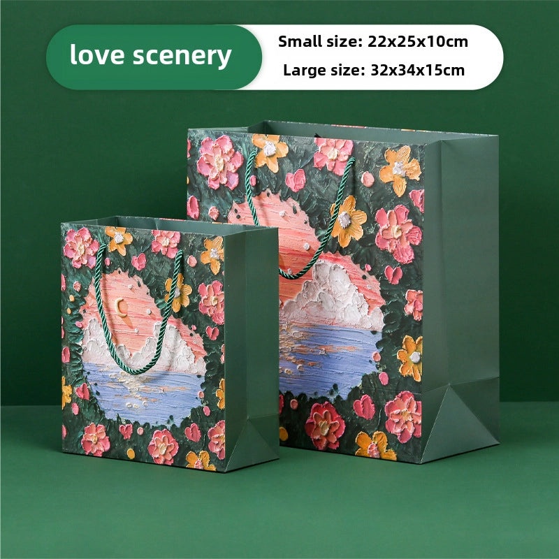 Oil Painting Kraft Paper Tote Bag Custom Gift Bag for Milk Tea Baking Takeaway Student Use|Gift Bags & Packaging