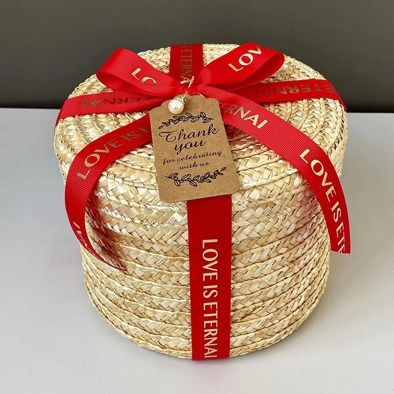 Handmade Round Straw Box with Lid | Rattan Gift Box for Wedding, Storage, Baking | Woven Hug Bucket | Home Decor Accessories|Storage Containers