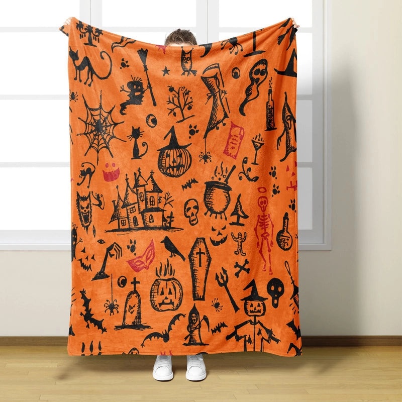 Halloween Cozy Pumpkin Cat Skull Polyester Throw Blanket | Home Decor & Throws