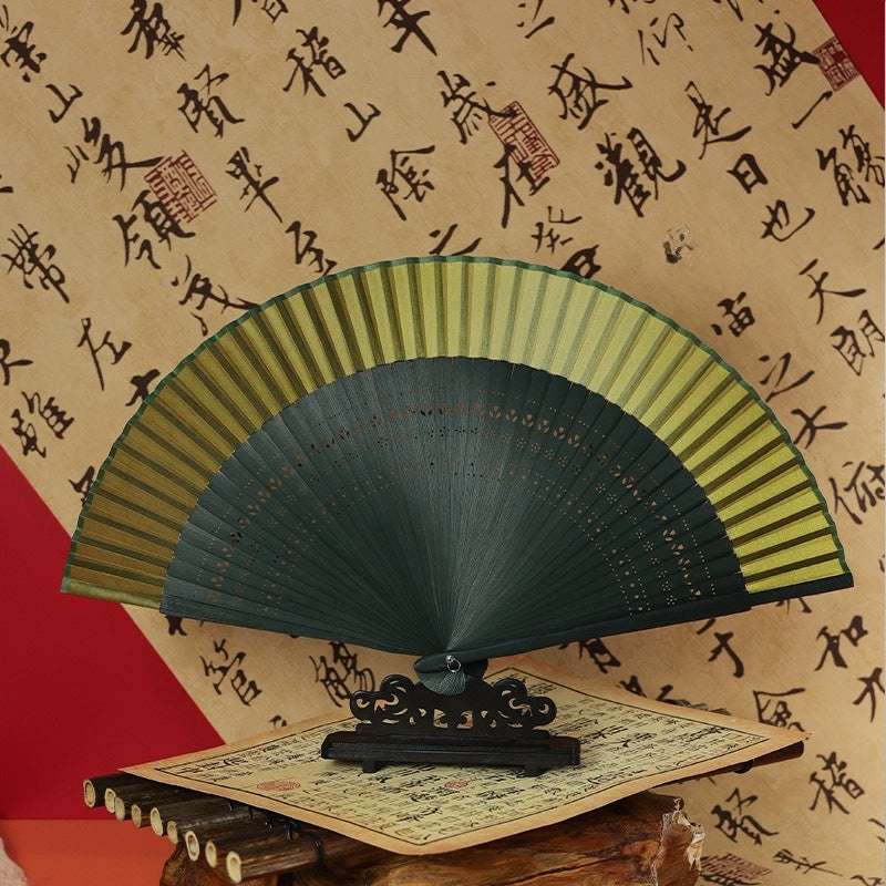 Ancient Style Summer Folding Fan Gradient Yellow Bamboo Silk Cloth Chinese Fan for Men and Women|Accessories & Jewelry