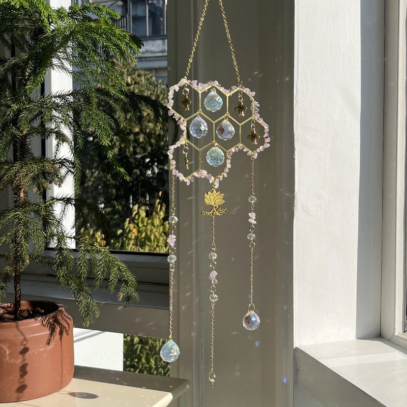 Sunshine Catcher Pendant with Customized Wind Bell and Natural Crystal Bee Charm|Jewelry & Accessories