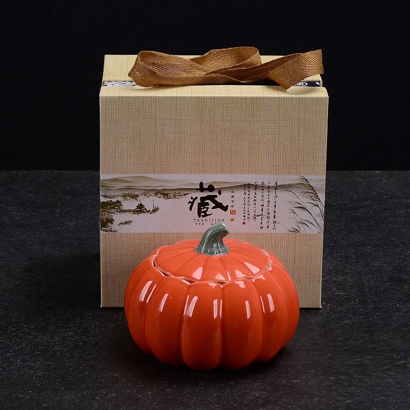Ceramic Pumpkin Tea Canister Sealed Moisture-Proof Storage Red Green Tea Container with Logo|Kitchen Storage & Organization