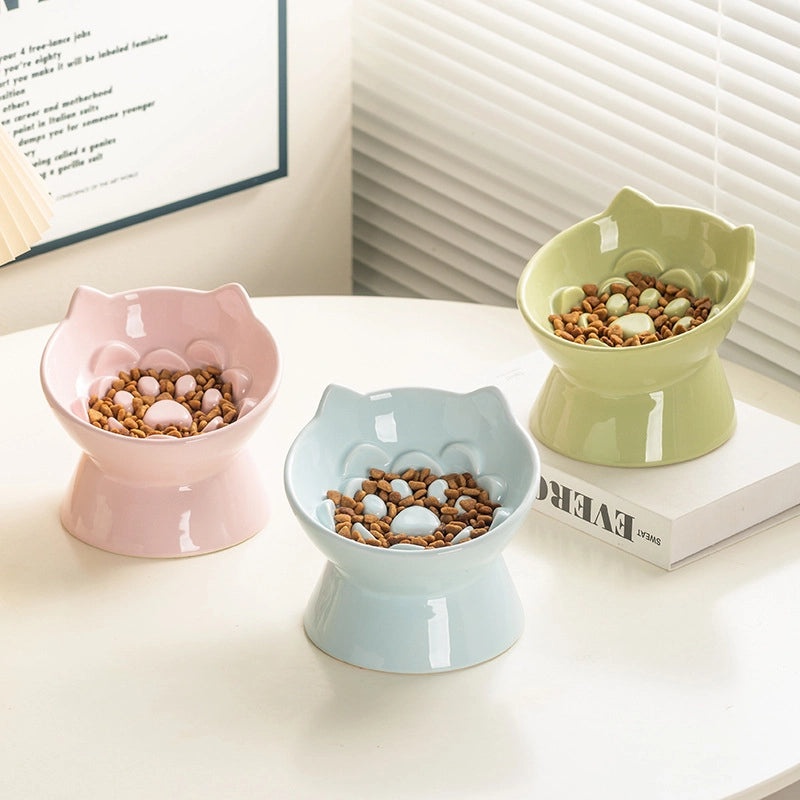 Ceramic Elevated Cat Bowl Slow Feeder Anti-Choke Pet Food Dish with Neck Protection | Pet Supplies - Feeding Bowls