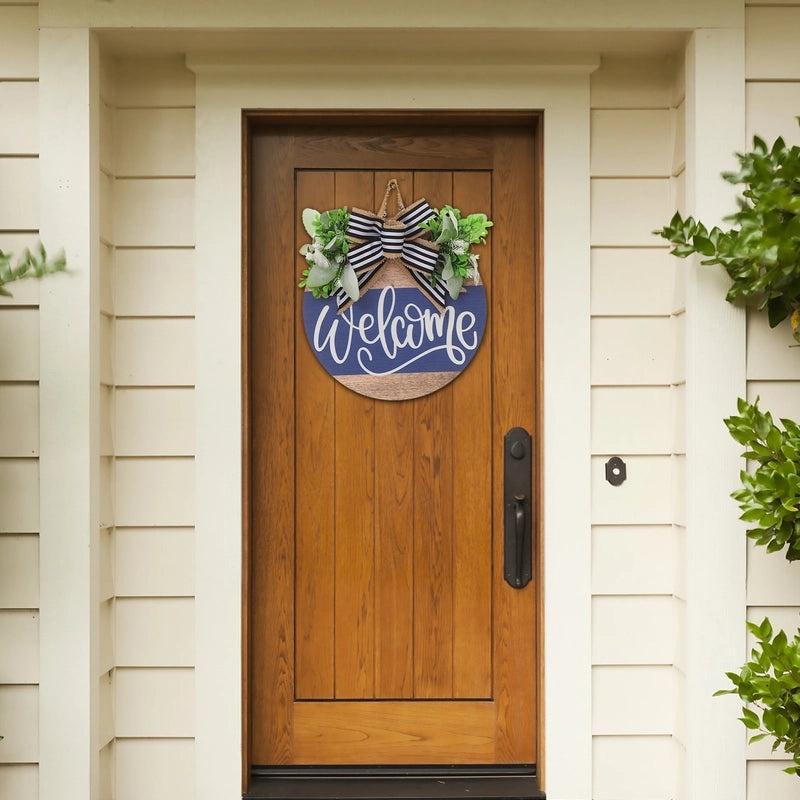 Year-Round Wooden Letter Wreath with Green Bow and Aquatic Plants | Home Decor & Door Hangings