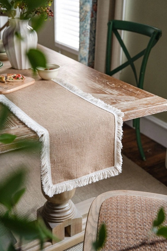 Rustic Jute Table Runner with Lace Tassels for Wedding Party Decoration|Home Decor Table Linens