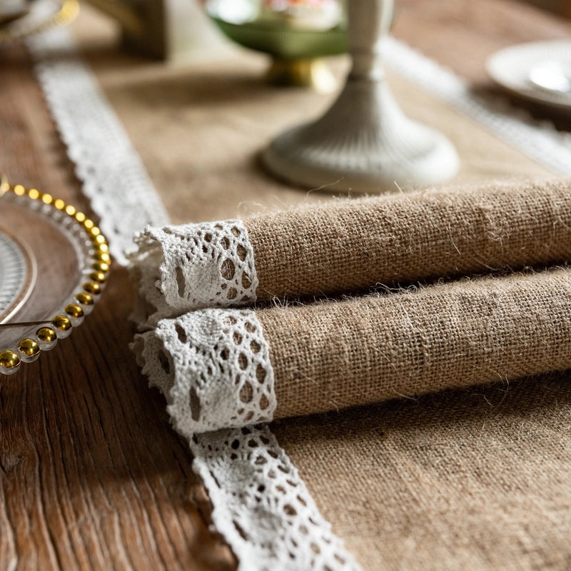 Rustic Jute Table Runner with Lace Tassels for Wedding Party Decoration|Home Decor Table Linens