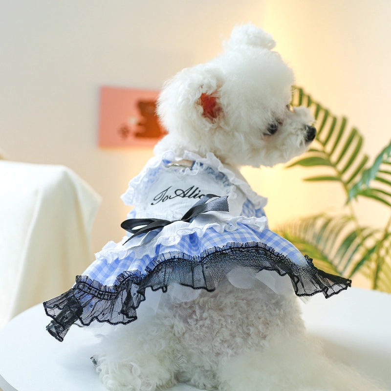 Blue White Plaid Dog Dress with Doll Collar Spring Summer Medium Small Pet Clothes|Pet Apparel & Accessories